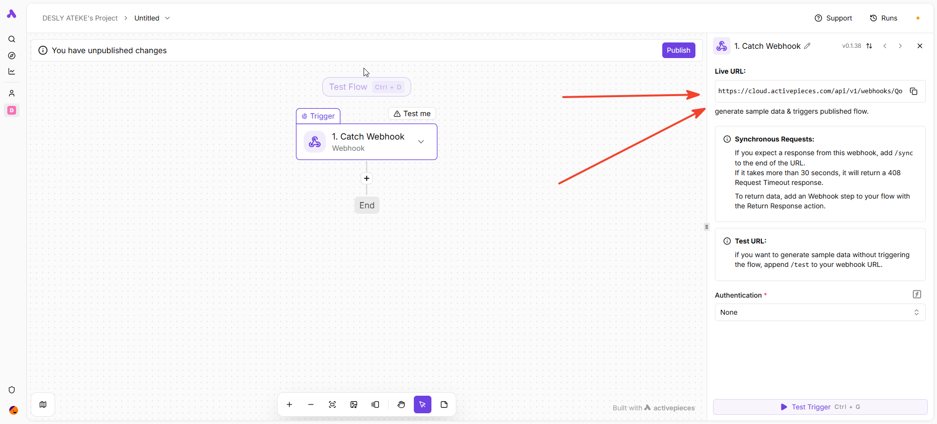 ActivePieces Catch Webhook trigger step showing the Live URL field and a Copy button