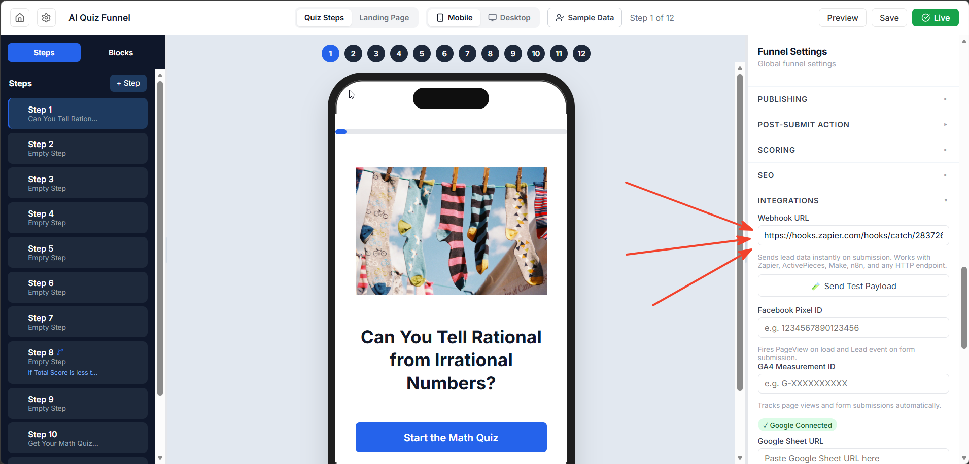 Webhook URL field under Funnel Settings Integrations, with a value already pasted in