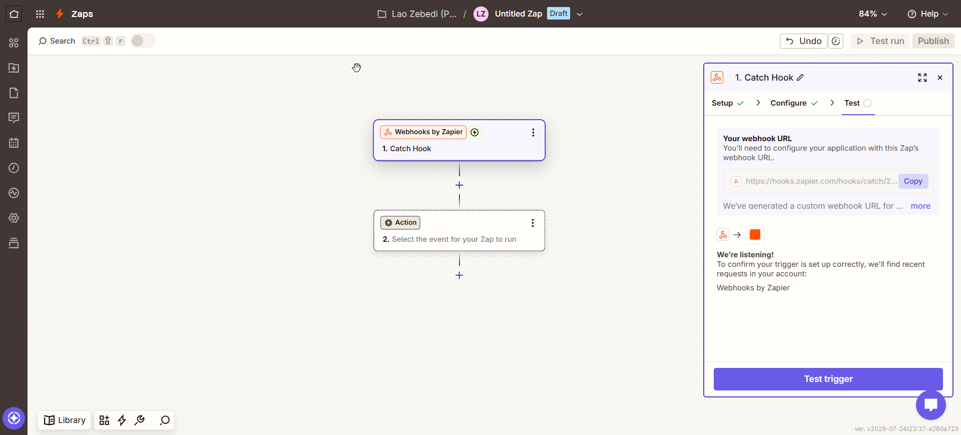 Zapier Catch Hook trigger step showing the generated webhook URL and a Copy button