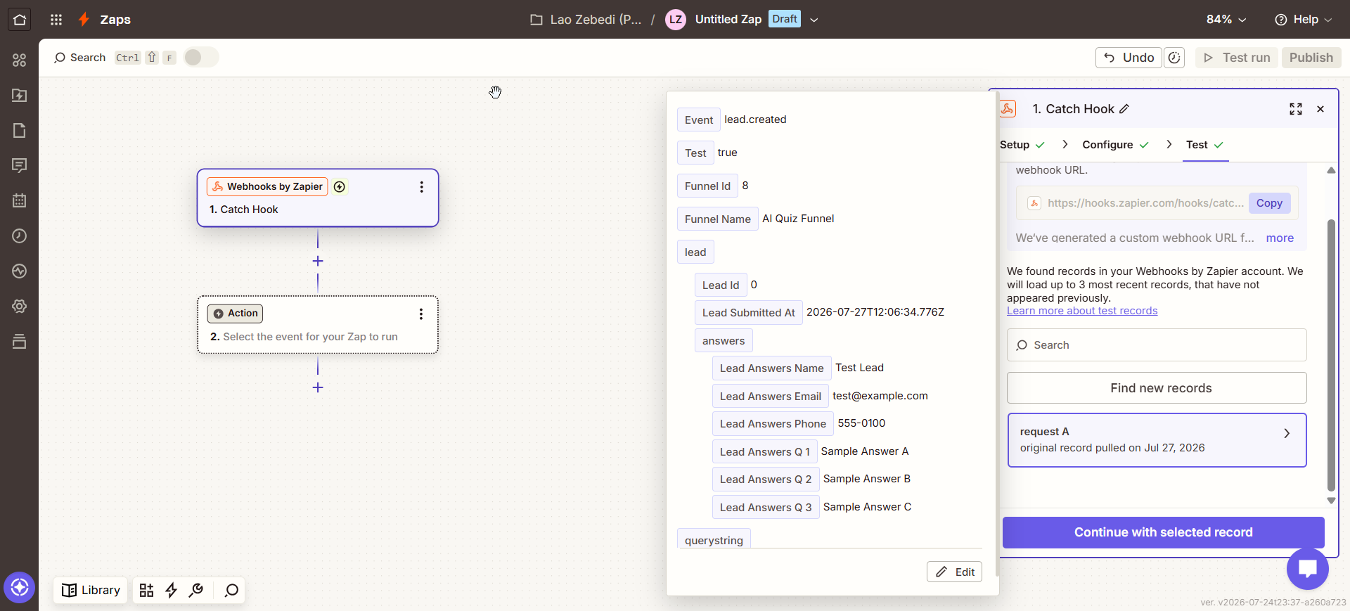 Zapier Test step showing a detected sample lead record with funnel and answer fields